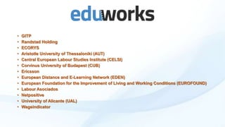 •
•
•
•
•
•
•
•
•
•
•
•
•

GITP
Randstad Holding
ECORYS
Aristotle University of Thessaloniki (AUT)
Central European Labour Studies Institute (CELSI)
Corvinus University of Budapest (CUB)
Ericsson
European Distance and E-Learning Network (EDEN)
European Foundation for the Improvement of Living and Working Conditions (EUROFOUND)
Labour Asociados
Netpositive
University of Alicante (UAL)
Wageindicator

 