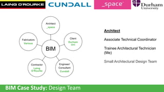 Architect
_space

Architect
Client
Durham
Uni

Fabricators
Various

BIM
Contractor
Laing
O’Rourke

Associate Technical Coordinator
Trainee Architectural Technician
(Me)

Engineer/
Consultant
Cundall

BIM Case Study: Design Team

Small Architectural Design Team

 