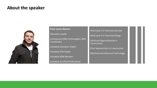 About the speaker

Peter James Morton
Education Leader
Architectural BIM Technologist / BIM
Coordinator

Autodesk Education Expert
Autodesk Elite Expert
Autodesk ADN Member
Autodesk Certified Professional

NVQ Level 2 in Technical Services
NVQ Level 3 in Technical Design
Advanced Apprenticeship in
Construction
BTec National Cert in Construction
BSc(Hons) Architectural Technology

 