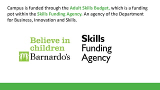 Campus is funded through the Adult Skills Budget, which is a funding
pot within the Skills Funding Agency. An agency of the Department
for Business, Innovation and Skills.

 