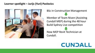 Learner spotlight – Jurijs (Yuri) Pavlovics
BSc in Construction Management
Member of Team Niven (Assisting
Cundall MEP) during the 48 hour
Build Sydney Live competition
Now MEP Revit Technician at
Cundall.

 