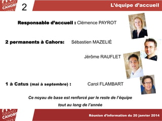 L’équipe d’accueil

2

Responsable d’accueil : Clémence PAYROT

2 permanents à Cahors:

Sébastien MAZELIÉ
Jérôme RAUFLET

1 à Catus (mai à septembre) :

Carol FLAMBART

Ce noyau de base est renforcé par le reste de l’équipe
tout au long de l’année
Réunion d’information du 20 janvier 2014

 