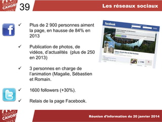 Les réseaux sociaux

39


Plus de 2 900 personnes aiment
la page, en hausse de 84% en
2013



Publication de photos, de
vidéos, d’actualités (plus de 250
en 2013)



3 personnes en charge de
l’animation (Magalie, Sébastien
et Romain.



1600 followers (+30%).



Relais de la page Facebook.
Réunion d’information du 20 janvier 2014

 
