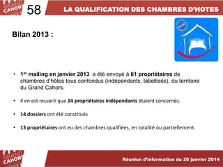 58

LA QUALIFICATION DES CHAMBRES D’HOTES

Bilan 2013 :

• 1er mailing en janvier 2013 a été envoyé à 61 propriétaires de
chambres d’hôtes tous confondus (indépendants, labellisés), du territoire
du Grand Cahors.
• Il en est ressorti que 24 propriétaires indépendants étaient concernés.
• 14 dossiers ont été constitués
• 13 propriétaires ont eu des chambres qualifiées, en totalité ou partiellement.

… améliorées et complétées en 2012.

Réunion d’information du 20 janvier 2014

 