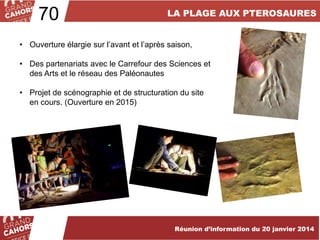 70

LA PLAGE AUX PTEROSAURES

• Ouverture élargie sur l’avant et l’après saison,
• Des partenariats avec le Carrefour des Sciences et
des Arts et le réseau des Paléonautes
• Projet de scénographie et de structuration du site
en cours. (Ouverture en 2015)

Réunion d’information du 20 janvier 2014

 