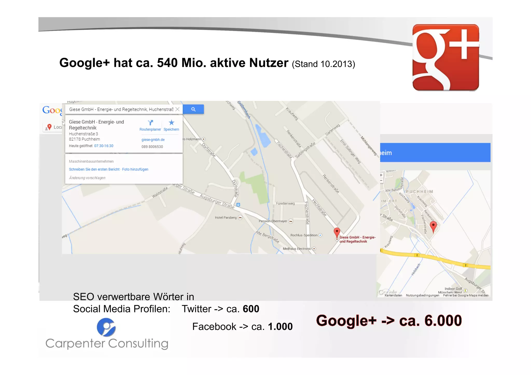 Google+ hat ca. 540 Mio. aktive Nutzer (Stand 10.2013)

SEO verwertbare Wörter in
Social Media Profilen: Twitter -> ca. 600
Facebook -> ca. 1.000

 
