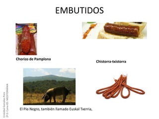 EMBUTIDOS

Cristóbal González Pons
2º D. Cuina IES. MEDITERRÀNIA

Chorizo de Pamplona

El Pío Negro, también llamado Euskal Txerria,

Chistorra-txistorra

 