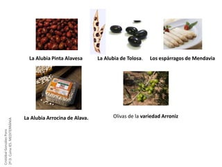 Cristóbal González Pons
2º D. Cuina IES. MEDITERRÀNIA

La Alubia Pinta Alavesa

La Alubia Arrocina de Alava.

La Alubia de Tolosa.

Los espárragos de Mendavia

Olivas de la variedad Arroniz

 