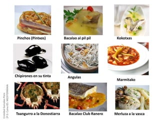 Pinchos (Pintxos)

Cristóbal González Pons
2º D. Cuina IES. MEDITERRÀNIA

Chipirones en su tinta

Txangurro a la Donostiarra

Bacalao al pil pil

Angulas

Bacalao Club Ranero

Kokotxas

Marmitako

Merluza a la vasca

 