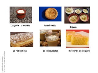 Cristóbal González Pons
2º D. Cuina IES. MEDITERRÀNIA

Cuajada la Mamía

Pastel Vasco

La Pantxineta

La Intxaursalsa

Goxua

Bizcochos de Vergara

 