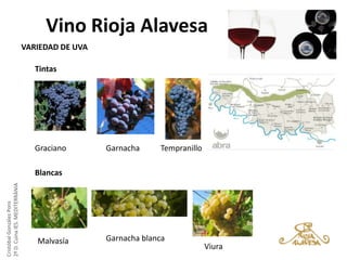 Vino Rioja Alavesa
VARIEDAD DE UVA
Tintas

Graciano

Garnacha

Tempranillo

Cristóbal González Pons
2º D. Cuina IES. MEDITERRÀNIA

Blancas

Malvasía

Garnacha blanca

Viura

 