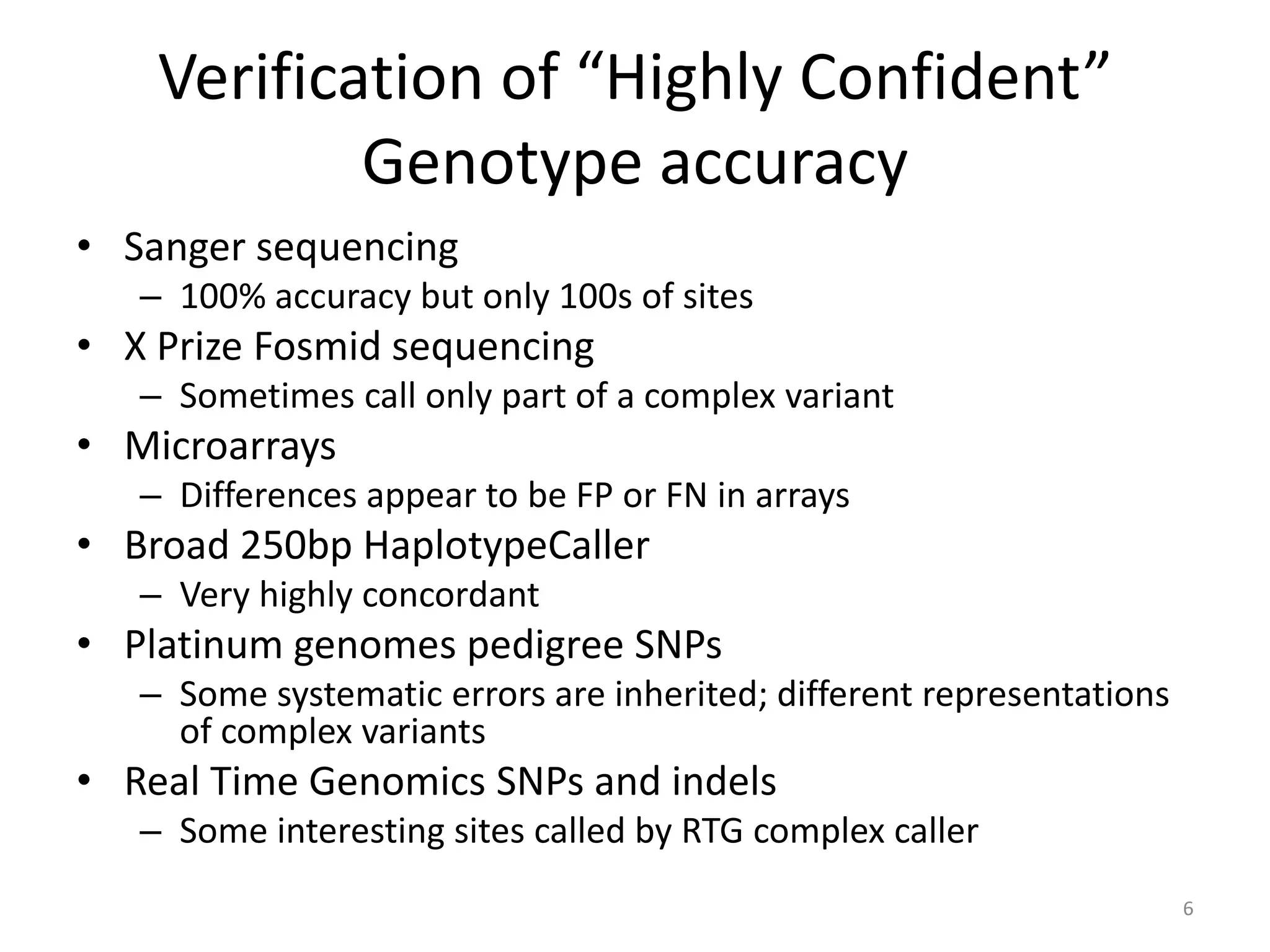 Verification of “Highly Confident”
Genotype accuracy
• Sanger sequencing
– 100% accuracy but only 100s of sites

• X Prize Fosmid sequencing
– Sometimes call only part of a complex variant

• Microarrays
– Differences appear to be FP or FN in arrays

• Broad 250bp HaplotypeCaller
– Very highly concordant

• Platinum genomes pedigree SNPs
– Some systematic errors are inherited; different representations
of complex variants

• Real Time Genomics SNPs and indels
– Some interesting sites called by RTG complex caller
6

 