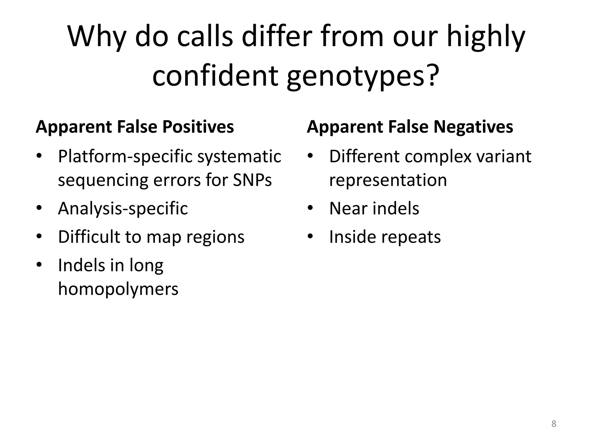 Why do calls differ from our highly
confident genotypes?
Apparent False Positives
• Platform-specific systematic
sequencing errors for SNPs
• Analysis-specific
• Difficult to map regions
• Indels in long
homopolymers

Apparent False Negatives
• Different complex variant
representation
• Near indels
• Inside repeats

8

 