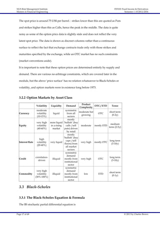 NUS Risk Management Institute
Masters in Financial Engineering

FE5101 Fixed Income & Derivatives
Semester 1 AY2013/2014

The spot price is around 75 US$ per barrel. : strikes lower than this are quoted as Puts
and strikes higher than this as Calls, hence the peak in the middle. The data is quite
noisy as some of the option price data is slightly stale and does not reflect the very
latest spot price. The data is shown as discreet columns rather than a continuous
surface to reflect the fact that exchange contracts trade only with those strikes and
maturities specified by the exchange, while an OTC market has no such constraints
(market conventions aside).
It is important to note that these option prices are determined entirely by supply and
demand. There are various no-arbitrage constraints, which are covered later in the
module, but the above ‘price surface’ has no relation whatsoever to Black-Scholes or
volatility, and option markets were in existence long before 1973.

3.2.2 Option Markets by Asset Class
Volatility

Liquidity

moderate
volatility
(10-15%)

Demand

Product
OTC / ETD
Complexity

Tenor

liquid

symmetric
moderate but
short term
from all
OTC
growing
(0-2y)
sectors
mostly
very high more liquid ‘bullish’ (buy
medium
Equity
volatility
in a rising
calls /sell
moderate mostly ETD
term (2-5y)
(40-60%)
market
puts) driven
by retail
mostly
‘bullish’ (buy
high
caps /sell
long term
Interest Rate
very liquid
very high mostly OTC
volatility
floors) from
(3-10y)
(20-40%)
all market
sectors
symmetric
demand
correlationlong term
Credit
illiquid
mostly from very high
OTC
driven
(3-10y)
institutional
sector
symmetric
very high
demand
short term
Commodity
illiquid
low
ETD
volatility
mostly from
(0-1y)
(30%-100%)
institutional
sector
Currency

3.3 Black-Scholes
3.3.1 The Black-Scholes Equation & Formula
The BS stochastic partial differential equation is
Page 17 of 68

© 2013 by Charles Brown

 