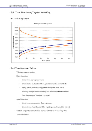 NUS Risk Management Institute
Masters in Financial Engineering

FE5101 Fixed Income & Derivatives
Semester 1 AY2013/2014

3.4 Term Structure of Implied Volatility
3.4.1 Volatility Cones
ATM Implied Volatility by Tenor
25.00%
23.00%

ATM Implied Volatility

21.00%
19.00%
17.00%
15.00%
13.00%
11.00%
9.00%
7.00%
1

101

201

301

401

501

601

701

Tenor in Days

3.4.2 Term Structure - Drivers
•

Vols show mean reversion

•

Short Maturities:
–

do not have any vega exposures

–

driven by the relative benefits of gamma versus the costs of theta

–

a long option position is long gamma and profits from actual
volatility through delta rebalancing; but is also short theta and loses
from the passage of time (and vice versa)

•

Long Maturities:
–
–

•

do not have any gamma or theta exposures
driven by supply and demand for vega (exposure to volatility moves)

For both long and short maturities, implied volatility is traded using Delta
Neutral Straddles

Page 26 of 68

© 2013 by Charles Brown

 