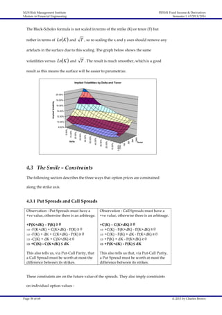 NUS Risk Management Institute
Masters in Financial Engineering

FE5101 Fixed Income & Derivatives
Semester 1 AY2013/2014

The Black-Scholes formula is not scaled in terms of the strike (K) or tenor (T) but
rather in terms of

LnK  and T , so re-scaling the x and y axes should remove any

artefacts in the surface due to this scaling. The graph below shows the same
volatilities versus

LnK  and T . The result is much smoother, which is a good

result as this means the surface will be easier to parametrize.
Implied Volatilities by Delta and Tenor

Implied Volatility

20.00%
18.00%
16.00%
14.00%
12.00%
10.00%

24M

9M

3M

1M

3.50%
O/N

10.00%

30.00%

20.00%

50.00%

40.00%

40.00%

20.00%

Delta

30.00%

3.50%

10.00%

8.00%

Tenor

4.3 The Smile – Constraints
The following section describes the three ways that option prices are constrained
along the strike axis.

4.3.1 Put Spreads and Call Spreads
Observation : Put Spreads must have a
+ve value, otherwise there is an arbitrage.

Observation : Call Spreads must have a
+ve value, otherwise there is an arbitrage.

+P(K+dK) – P(K) ≥ 0
 -F(K+dK) + C(K+dK) - P(K) ≥ 0
 -F(K) + dK + C(K+dK) - P(K) ≥ 0
 -C(K) + dK + C(K+dK) ≥ 0
 +C(K) - C(K+dK) ≤ dK

+C(K) – C(K+dK) ≥ 0
 +C(K) - F(K+dK) - P(K+dK) ≥ 0
 +C(K) - F(K) + dK - P(K+dK) ≥ 0
 +P(K) + dK - P(K+dK) ≥ 0
 +P(K+dK) - P(K) ≤ dK

This also tells us, via Put-Call Parity, that
a Call Spread must be worth at most the
difference between its strikes.

This also tells us that, via Put-Call Parity,
a Put Spread must be worth at most the
difference between its strikes.

These constraints are on the future value of the spreads. They also imply constraints
on individual option values :
Page 38 of 68

© 2013 by Charles Brown

 