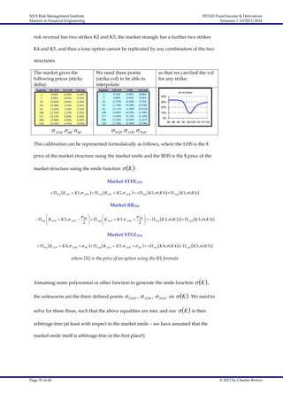 NUS Risk Management Institute
Masters in Financial Engineering

FE5101 Fixed Income & Derivatives
Semester 1 AY2013/2014

risk reversal has two strikes K2 and K3, the market strangle has a further two strikes
K4 and K5, and thus a lone option cannot be replicated by any combination of the two
structures.
The market gives the
following prices (sticky
delta):

We need three points
(strike,vol) to be able to
interpolate:

so that we can find the vol
for any strike:
Vol by Strike

40%
30%
20%
10%
0%
80 85 90 95 100105 110 115 120

 ATM  RR  BF

 25dP  ATM  25dC

This calibration can be represented formulaically as follows, where the LHS is the $
price of the market structure using the market smile and the RHS is the $ price of the
market structure using the smile function

 K  :

Market STDLDN
  Put K DN  K1, ATM    Call K DN  K1, ATM     Put K1, ( K1)    Call K1, ( K1) 

Market RR25d


  Put  K 25 D  K 2, ATM  RR
2





   Call  K 25 D  K 3, ATM  RR
2




   Put K 2, ( K 2)    Call K 3, ( K 3) 


Market STGL25d
  Put K 25 D  K 4, ATM   BF    Call K 25 D  K 5, ATM   BF     Put K 4, ( K 4)    Call K 5, ( K 5) 

where Π() is the price of an option using the BS formula

Assuming some polynomial or other function to generate the smile function
the unknowns are the three defined points

 K  ,

 25 DP ,  ATM ,  25 DC on  K  . We need to

solve for these three, such that the above equalities are met, and our

 K  is then

arbitrage-free (at least with respect to the market smile – we have assumed that the
market smile itself is arbitrage-free in the first place!).

Page 55 of 68

© 2013 by Charles Brown

 
