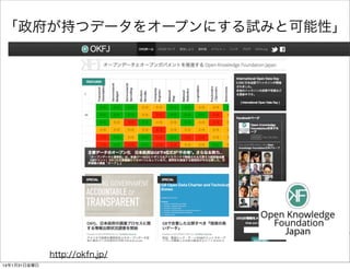 「政府が持つデータをオープンにする試みと可能性」

http://okfn.jp/
14年1月31日金曜日

 