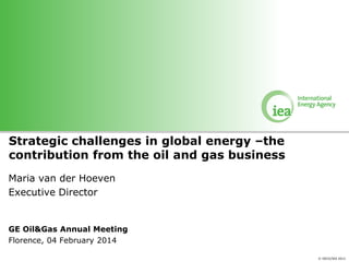 Strategic challenges in global energy –the
contribution from the oil and gas business
Maria van der Hoeven
Executive Director

GE Oil&Gas Annual Meeting
Florence, 04 February 2014
© OECD/IEA 2012

 