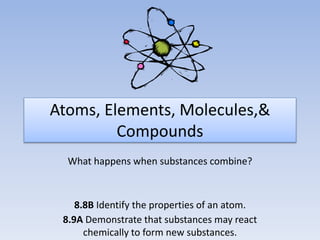 Atoms, Elements, Molecules,&
Compounds
What happens when substances combine?
8.8B Identify the properties of an atom.
8.9A Demonstrate that substances may react
chemically to form new substances.
 
