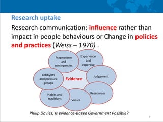 Research uptake
Research influence is not a product but a process
(Carden – 2011).
 does not just try to make that the ev...