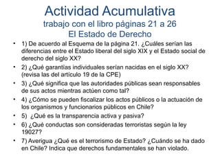 Actividad Acumulativa
trabajo con el libro páginas 21 a 26
El Estado de Derecho
• 1) De acuerdo al Esquema de la página 21. ¿Cuáles serían las
diferencias entre el Estado liberal del siglo XIX y el Estado social de
derecho del siglo XX?
• 2) ¿Qué garantías individuales serían nacidas en el siglo XX?
(revisa las del artículo 19 de la CPE)
• 3) ¿Qué significa que las autoridades públicas sean responsables
de sus actos mientras actúen como tal?
• 4) ¿Cómo se pueden fiscalizar los actos públicos o la actuación de
los organismos y funcionarios públicos en Chile?
• 5) ¿Qué es la transparencia activa y pasiva?
• 6) ¿Qué conductas son consideradas terroristas según la ley
19027?
• 7) Averigua ¿Qué es el terrorismo de Estado? ¿Cuándo se ha dado
en Chile? Indica que derechos fundamentales se han violado.
 