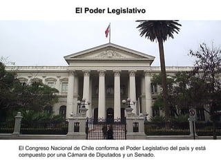 El Poder LegislativoEl Poder Legislativo
El Congreso Nacional de Chile conforma el Poder Legislativo del país y está
compuesto por una Cámara de Diputados y un Senado.
 
