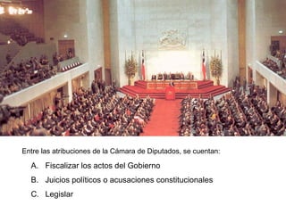 Entre las atribuciones de la Cámara de Diputados, se cuentan:
A. Fiscalizar los actos del Gobierno
B. Juicios políticos o acusaciones constitucionales
C. Legislar
 