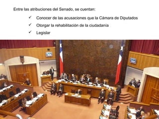 Entre las atribuciones del Senado, se cuentan:
 Conocer de las acusaciones que la Cámara de Diputados
 Otorgar la rehabilitación de la ciudadanía
 Legislar
 