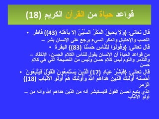 قواعد  حياة  من  القرآن  الكريم   (18) قال تعالى : { وَلا يَحِيقُ الْمَكْرُ السَّيِّئُ إِلا بِأَهْلِهِ  (43)}  فاطر النصب والإحتيال والمكر السيء يرجع على الإنسان بشر قال تعالى : { وَقُولُوا لِلنَّاسِ حُسْنًا  (83)}  البقرة من قواعد الحياة أن الإنسان يقول للناس الكلام الحسن، الإنتقاد والتذمر واللوم ليس كلام حسن وليس من النصيحة التي هي كلام حسن قال تعالى : { فَبَشِّرْ عِبَادِ  (17)  الَّذِينَ يَسْتَمِعُونَ الْقَوْلَ فَيَتَّبِعُونَ أَحْسَنَهُ أُولَئِكَ الَّذِينَ هَدَاهُمُ اللَّهُ وَأُولَئِكَ هُمْ أُولُو الأَلْبَابِ  (18)}  الزمر الذي يتبع أحسن القول فليستبشر أنه من الذين هداهم الله وأنه من أولو الألباب 
