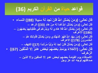 قواعد  حياة  من  القرآن  الكريم   (36) قال تعالى : { وَمَنْ يُضْلِلِ اللَّهُ فَلَنْ تَجِدَ لَهُ سَبِيلا  (88)}  النساء قال تعالى : { وَمَنْ يُضْلِلِ اللَّهُ فَمَا لَهُ مِنْ هَادٍ  (33)}  الرعد قال تعالى : { مَنْ يُضْلِلِ اللَّهُ فَلا هَادِيَ لَهُ وَيَذَرُهُمْ فِي طُغْيَانِهِمْ يَعْمَهُونَ  (186)}  الأعراف قال تعالى : { مَنْ يَهْدِ اللَّهُ فَهُوَ الْمُهْتَدِي وَمَنْ يُضْلِلْ فَأُولَئِكَ هُمُ الْخَاسِرُونَ  (178)}  الأعراف قال تعالى : { وَمَنْ يُضْلِلْ فَلَنْ تَجِدَ لَهُ وَلِيًّا مُرْشِدًا  (17)}  الكهف قال تعالى : { الأَخِلاءُ يَوْمَئِذٍ بَعْضُهُمْ لِبَعْضٍ عَدُوٌّ إِلا الْمُتَّقِينَ  (67)}  الزخرف الأصدقاء يوم القيامة بعضهم لبعض عدو إلا المتقين وإلا الذين صداقتهم لوجه الله عز وجل 