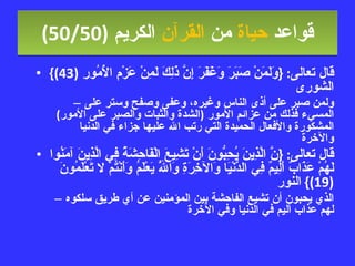قواعد  حياة  من  القرآن  الكريم   (50/50) قال تعالى : { وَلَمَنْ صَبَرَ وَغَفَرَ إِنَّ ذَلِكَ لَمِنْ عَزْمِ الأُمُورِ  (43)}  الشورى ولمن صبر على أذى  الناس وغيره ، و عفى وصفح وستر على المسيء فذ لك من عزائم الأمور   ( الشدة والثبات والصبر على الأمور )   المشكورة والأفعال الحميدة  التي رتب الله عليها جزاء في الدنيا والآخرة قال تعالى : { نَّ الَّذِينَ يُحِبُّونَ أَنْ تَشِيعَ الْفَاحِشَةُ فِي الَّذِينَ آمَنُوا لَهُمْ عَذَابٌ أَلِيمٌ فِي الدُّنْيَا وَالآخِرَةِ وَاللَّهُ يَعْلَمُ وَأَنْتُمْ لا تَعْلَمُونَ  (19)}  النور الذي يحبون أن تشيع الفاحشة بين المؤمنين عن أي طريق سلكوه لهم عذاب أليم في الدنيا وفي الآخرة 