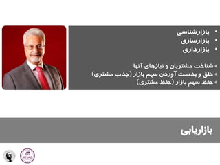 ‫بازاریابی‬
•
‫بازارشناسی‬
•
‫بازارسازی‬
•
‫بازارداری‬
»
‫آنها‬ ‫نیازهای‬ ‫و‬ ‫مشتریان‬ ‫شناخت‬
»
‫بازار‬ ‫سهم‬ ‫آوردن‬ ‫بدست‬ ‫و‬ ‫خلق‬
(
‫مشتری‬ ‫جذب‬
)
»
‫بازار‬ ‫سهم‬ ‫حفظ‬
(
‫مشتری‬ ‫حفظ‬
)
 