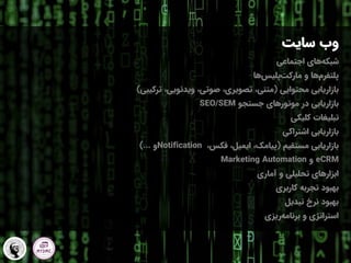 ‫وب‬
‫سایت‬
‫اجتماعی‬ ‫های‬‫شبکه‬
‫ها‬‫پلیس‬‫مارکت‬ ‫و‬ ‫ها‬‫پلتفرم‬
‫محتوایی‬ ‫بازاریابی‬
(
‫ترکیبی‬ ،‫ویدئویی‬ ،‫صوتی‬ ،‫تصویری‬ ،‫متنی‬
)
‫در‬ ‫بازاریابی‬
‫موتورهای‬
‫جستجو‬
SEO/SEM
‫تبلیغات‬
‫کلیکی‬
‫اشتراکی‬ ‫بازاریابی‬
‫مستقیم‬ ‫بازاریابی‬
(
،‫فکس‬ ،‫ایمیل‬ ،‫پیامک‬
Notification
‫و‬
)...
eCRM
‫و‬
Marketing Automation
‫آماری‬ ‫و‬ ‫تحلیلی‬ ‫ابزارهای‬
‫کاربری‬ ‫تجربه‬ ‫بهبود‬
‫تبدیل‬ ‫نرخ‬ ‫بهبود‬
‫ریزی‬‫برنامه‬ ‫و‬ ‫استراتژی‬
 