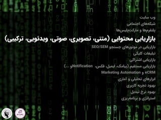 ‫وب‬
‫سایت‬
‫اجتماعی‬ ‫های‬‫شبکه‬
‫ها‬‫پلیس‬‫مارکت‬ ‫و‬ ‫ها‬‫پلتفرم‬
‫محتوایی‬ ‫بازاریابی‬
(
،‫ویدئویی‬ ،‫صوتی‬ ،‫تصویری‬ ،‫متنی‬
‫ترکیبی‬
)
‫در‬ ‫بازاریابی‬
‫موتورهای‬
‫جستجو‬
SEO/SEM
‫تبلیغات‬
‫کلیکی‬
‫اشتراکی‬ ‫بازاریابی‬
‫مستقیم‬ ‫بازاریابی‬
(
،‫فکس‬ ،‫ایمیل‬ ،‫پیامک‬
Notification
‫و‬
)...
eCRM
‫و‬
Marketing Automation
‫آماری‬ ‫و‬ ‫تحلیلی‬ ‫ابزارهای‬
‫کاربری‬ ‫تجربه‬ ‫بهبود‬
‫تبدیل‬ ‫نرخ‬ ‫بهبود‬
‫ریزی‬‫برنامه‬ ‫و‬ ‫استراتژی‬
 