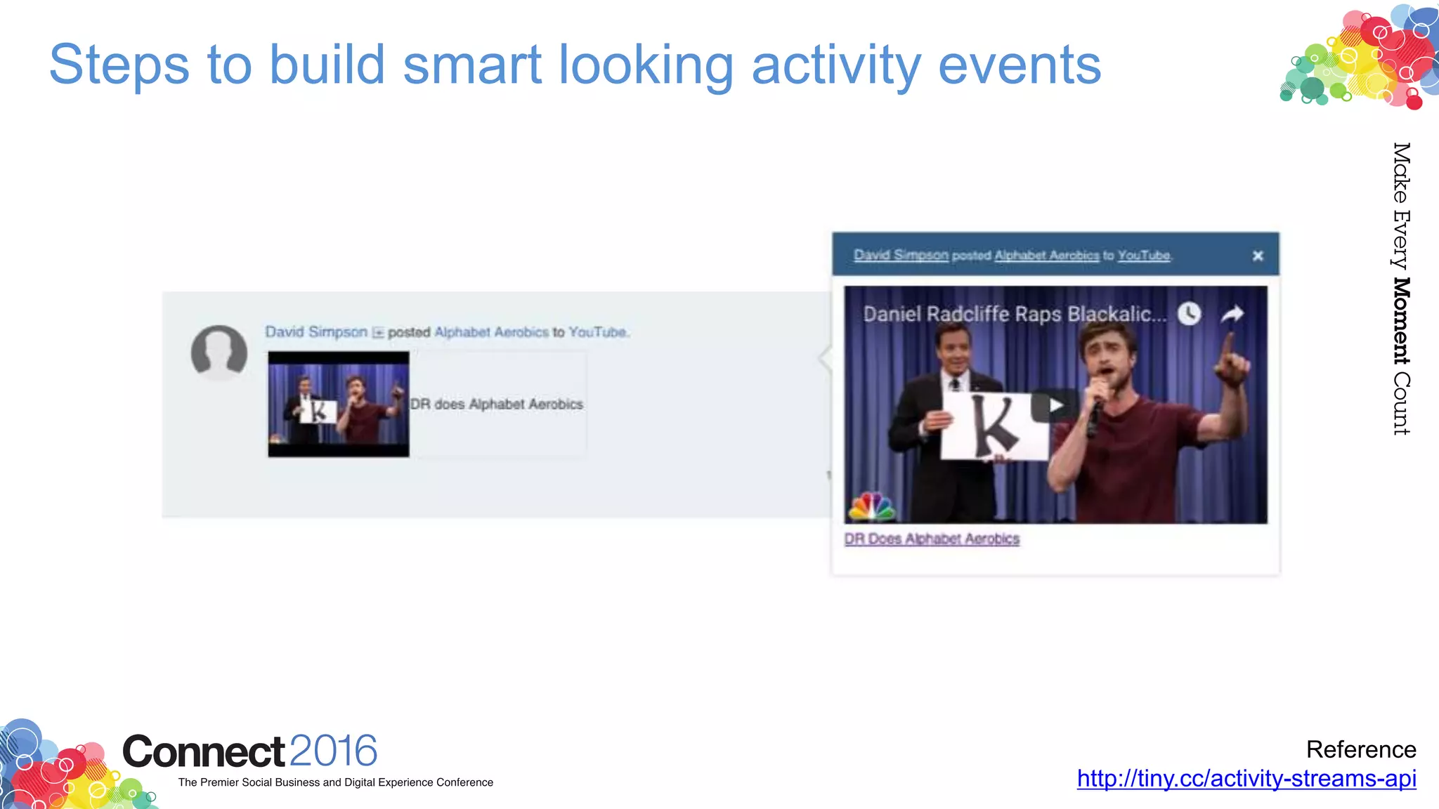 Steps to build smart looking activity events
Reference
http://tiny.cc/activity-streams-api
 