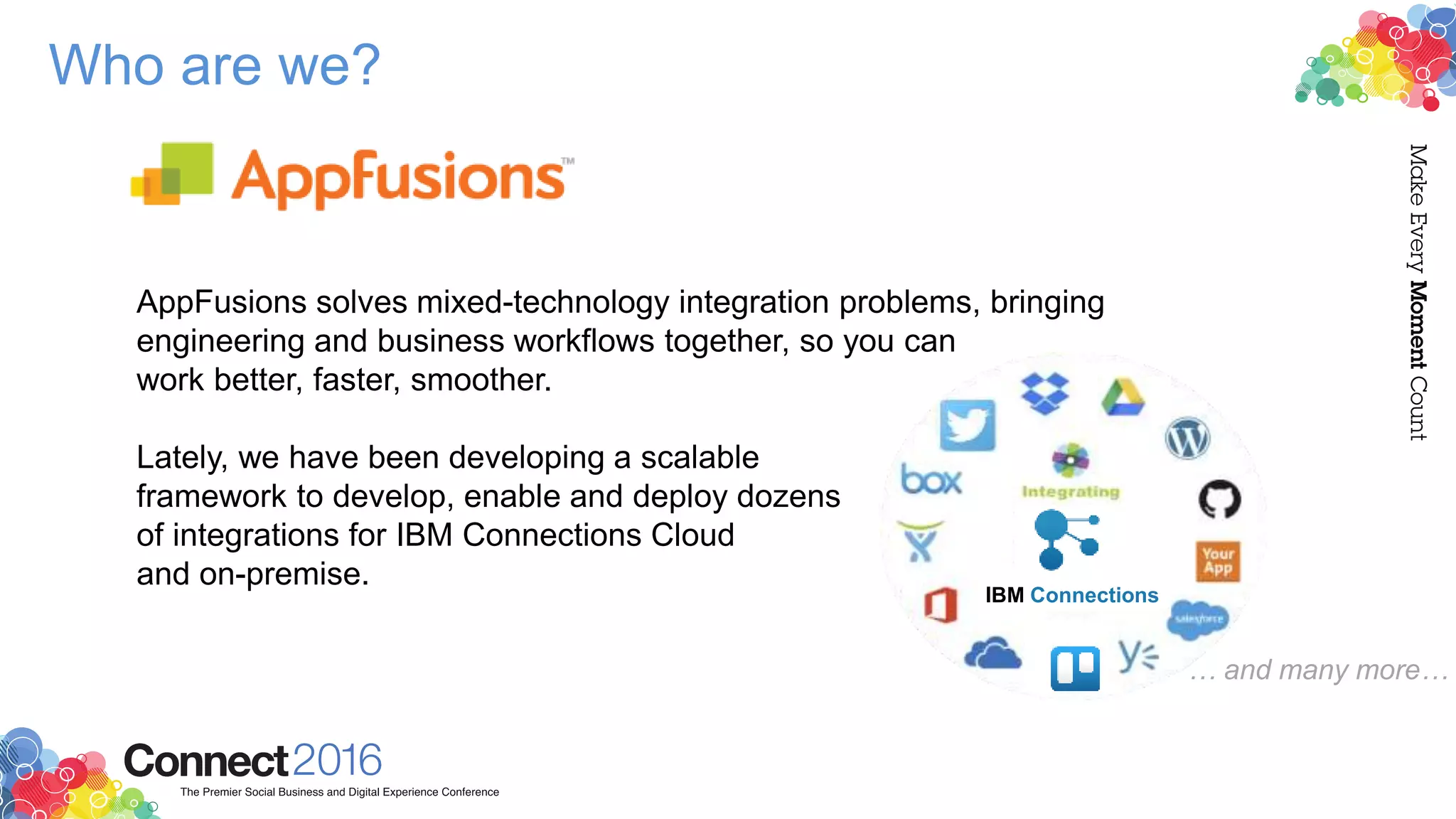 Who are we?
AppFusions solves mixed-technology integration problems, bringing
engineering and business workflows together, so you can
work better, faster, smoother.
Lately, we have been developing a scalable
framework to develop, enable and deploy dozens
of integrations for IBM Connections Cloud
and on-premise.
… and many more…
IBM Connections
 