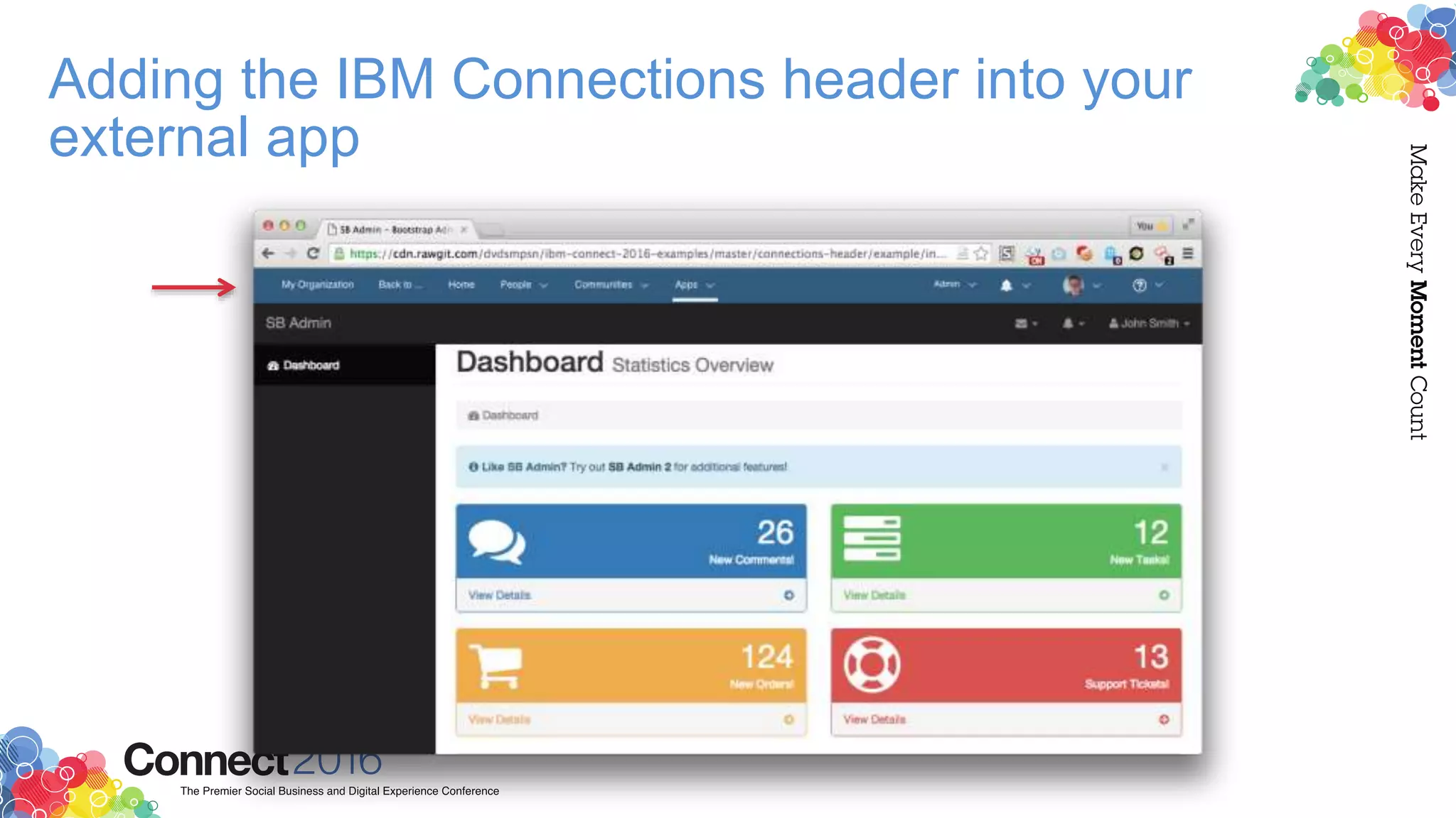 Adding the IBM Connections header into your
external app
 