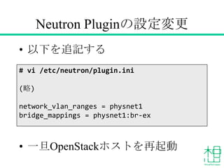 Neutron Pluginの設定変更
• 以下を追記する
• 一旦OpenStackホストを再起動
# vi /etc/neutron/plugin.ini
(略)
network_vlan_ranges = physnet1
bridge_mappings = physnet1:br-ex
 