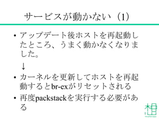 サービスが動かない（1）
• アップデート後ホストを再起動したとこ
ろ、うまく動かなくなりました。
↓
• カーネルを更新してホストを再起動す
るとbr-exがリセットされる
• 再度packstackを実行する必要がある
 