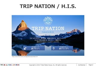 TRIP NATION / H.I.S.

http://www.like-world.com/app/story/top/index/137

Copyright © 2014 Tribal Media House, Inc. All rights reserved.

Confidential

Page12

 