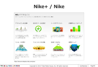 Nike+ / Nike

https://secure-nikeplus.nike.com/plus/
Copyright © 2014 Tribal Media House, Inc. All rights reserved.

Confidential

Page50

 