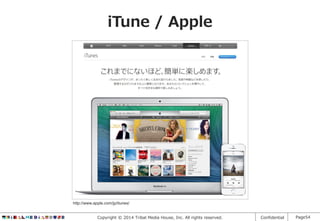 iTune / Apple

http://www.apple.com/jp/itunes/
Copyright © 2014 Tribal Media House, Inc. All rights reserved.

Confidential

Page54

 