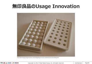 無印良品のUsage Innovation

http://www.tamago-penguin-koubou.com/tamagopenguin-koubou-handmde-silicon-and-setting.html

Copyright © 2014 Tribal Media House, Inc. All rights reserved.

Confidential

Page58

 