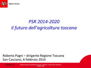 PSR 2014-2020
il futuro dell’agricoltura toscana

Roberto Pagni – dirigente Regione Toscana
San Casciano, 6 febbraio 2014
20/02/14

1

 