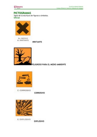 Servicio de Medio Ambiente
                                               Cámara Oficial de Comercio e Industria de Zaragoza


PIICTOGRAMAS
P CTOGRAMAS
Signo de la escritura de figuras o símbolos.
Oficial




                       IRRITANTE




                      PELIGROSO PARA EL MEDIO AMBIENTE




                          CORROSIVO




                         EXPLOSIVO
 