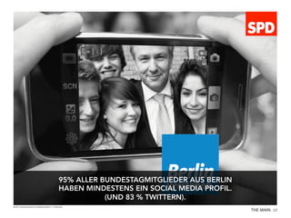 95% ALLER BUNDESTAGMITGLIEDER AUS BERLIN
HABEN MINDESTENS EIN SOCIAL MEDIA PROFIL.
(UND 83 % TWITTERN).
Quelle: http://www.bitkom.org/de/presse/8477_76348.aspx

THE MAIN 13

 