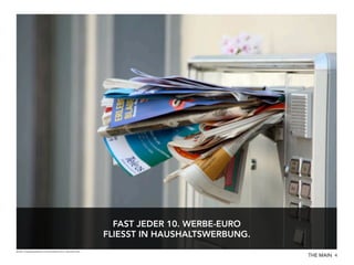 FAST JEDER 10. WERBE-EURO
FLIESST IN HAUSHALTSWERBUNG.
Quelle: Haushaltswerbung in Deutschland 2012, Deutsche Post.

THE MAIN 4

 