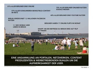 81% ALLER BERLINER SIND ONLINE
57% ALLER KONSUMIEREN BEWEGTBILD-CONTENT
IM NETZ

75% ALLER BERLINER ONLINER NUTZEN
SOZIALE MEDIEN

40% ALLER BERLINER SIND YOUTUBE NUTZER
BERLIN VERZEICHNET 1,5 MILLIONEN FACEBOOK
NUTZER
BERLINER HABEN 17 ONLINE-FLIRTS IM MONAT
1,1 MIO MOBILE USER
LEBEN IN BERLIN
KNAPP 180.000 BEITRÄGE ZU BERLIN SIND AUF YELP
ZU FINDEN

EINE ANSAMMLUNG AN PORTALEN, NETZWERKEN, CONTENT
PRODUZENTEN & WERBETREIBENDEN BUHLEN UM DIE
AUFMERKSAMKEIT DER USER.
Quelle: (N)Onliner Atlas 2013, Statista 2013, allfacebook.de, Social Media Atlas 2013, ARD/ZDF Onlinestudie 2013

THE MAIN 9

 