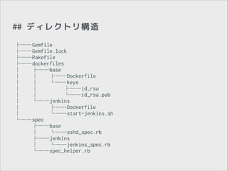 ## ディレクトリ構造
├──Gemfile
├──Gemfile.lock
├──Rakefile
├──dockerfiles
│
├──base
│
│
├──Dockerfile
│
│
└──keys
│
│
├──id_rsa
│
│
└──id_rsa.pub
│
└──jenkins
│
├──Dockerfile
│
└──start-jenkins.sh
└──spec
├──base
│
└──sshd_spec.rb
├──jenkins
│
└──jenkins_spec.rb
└──spec_helper.rb

 
